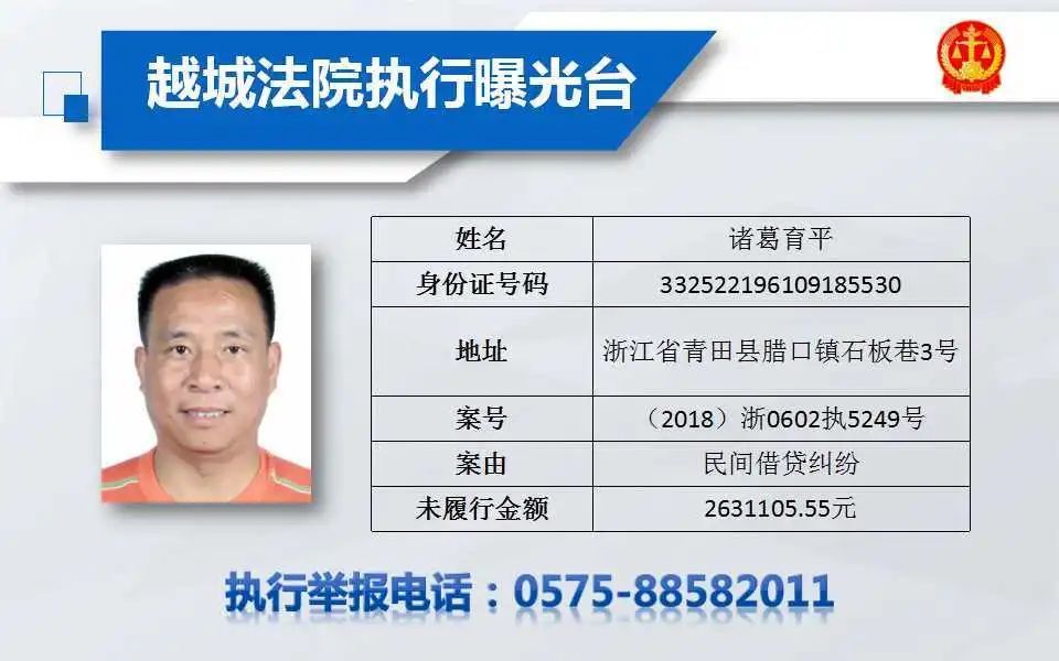 绍兴越城法院曝光一批"老赖",其中有一名诸暨人