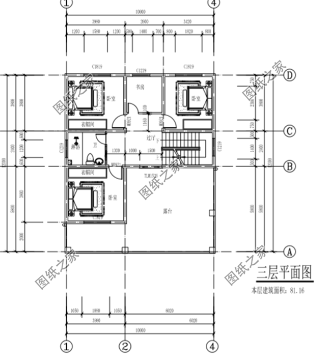 三 层:卧室x3,书房,卫生间,大露台; 户型五:占地120平米三层别墅设计