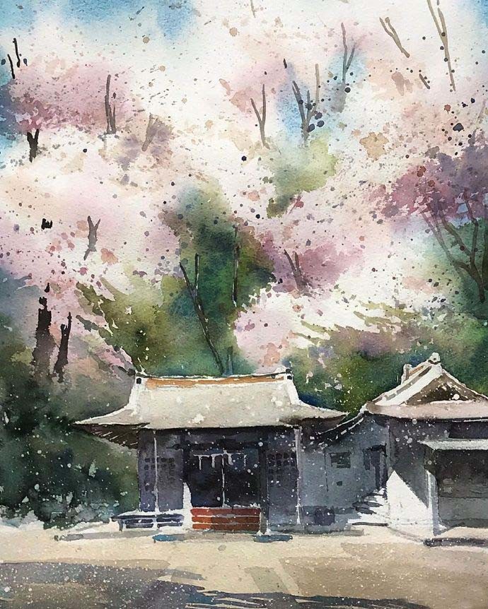 日本画家kazuo kasai 光感优美的风景水彩作品