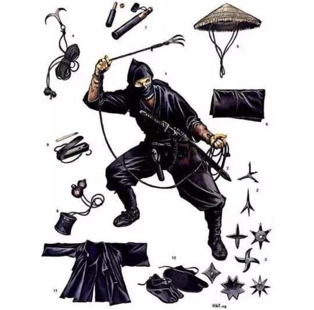 忍者武器中,常常使用到的有撒菱,忍刀,吹矢,忍杖,手甲钩,水蜘蛛,弓箭
