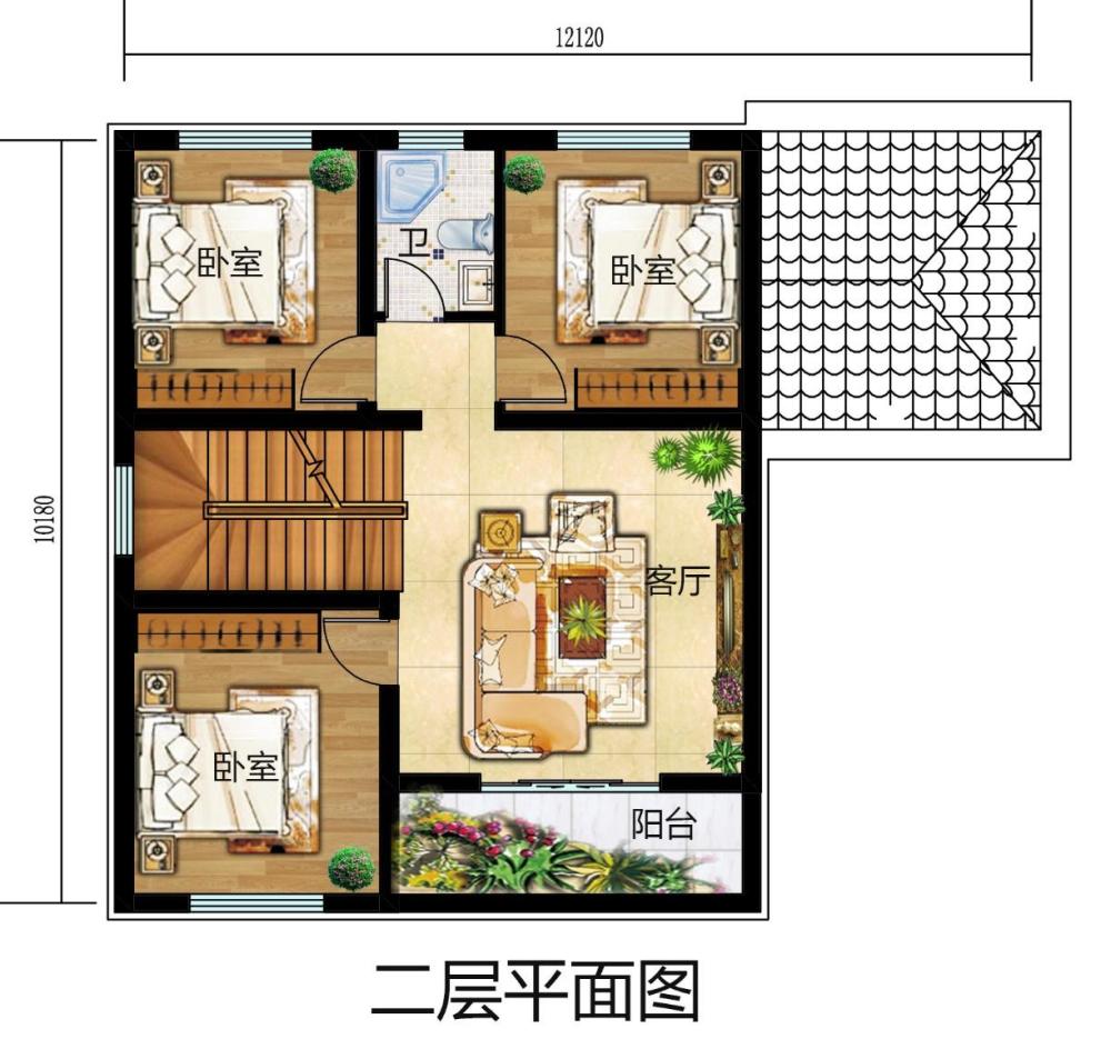 二层户型:客厅,卧室x3,卫生间,阳台x2 第三款:欧式三层自建房设计图