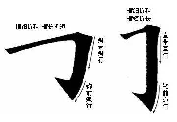 出钩前先画弧,即用竖左弯钩的写法.不要写成折钩或带后跟的钩.