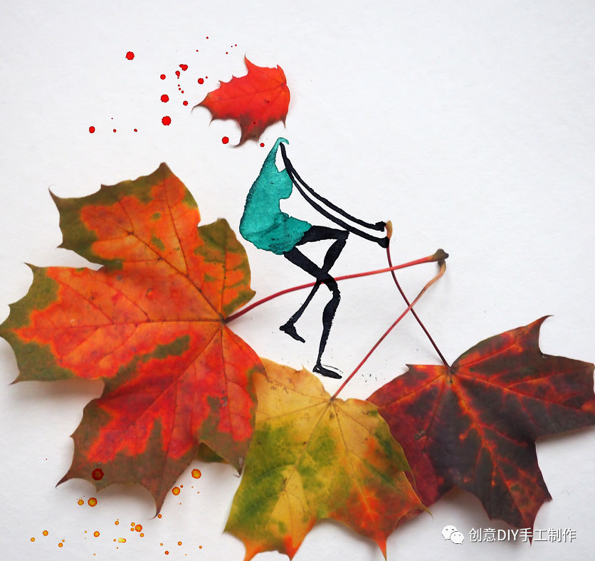 秋天里的创意,艺术家用枫叶绘制趣味插画