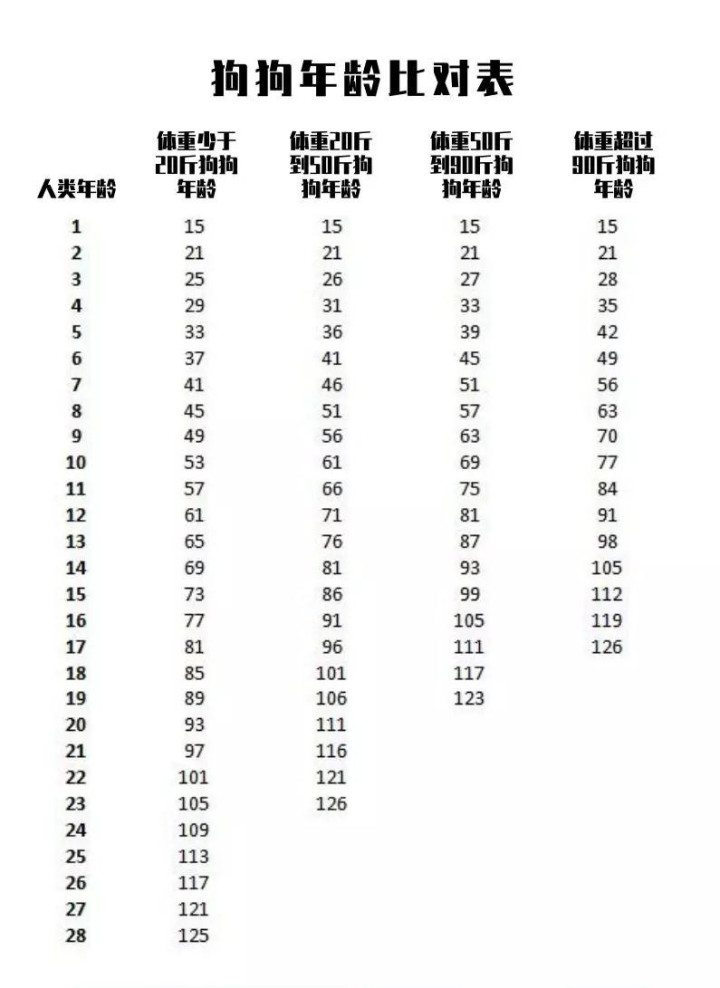 狗与人类年龄对照表