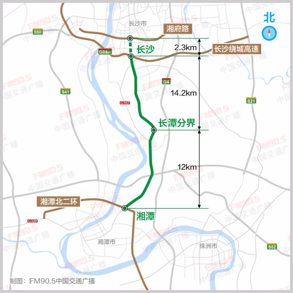 项目起于长沙绕城高速北侧的披塘路,止于湘潭市北二环
