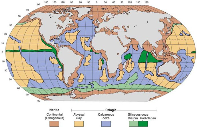 全球海洋沉积物分布图(其中浅绿色为硅藻泥)