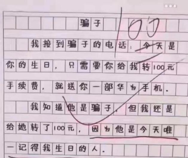 小学生作文《骗子》火了,搞笑但又戳中泪点,网友:这100元值了