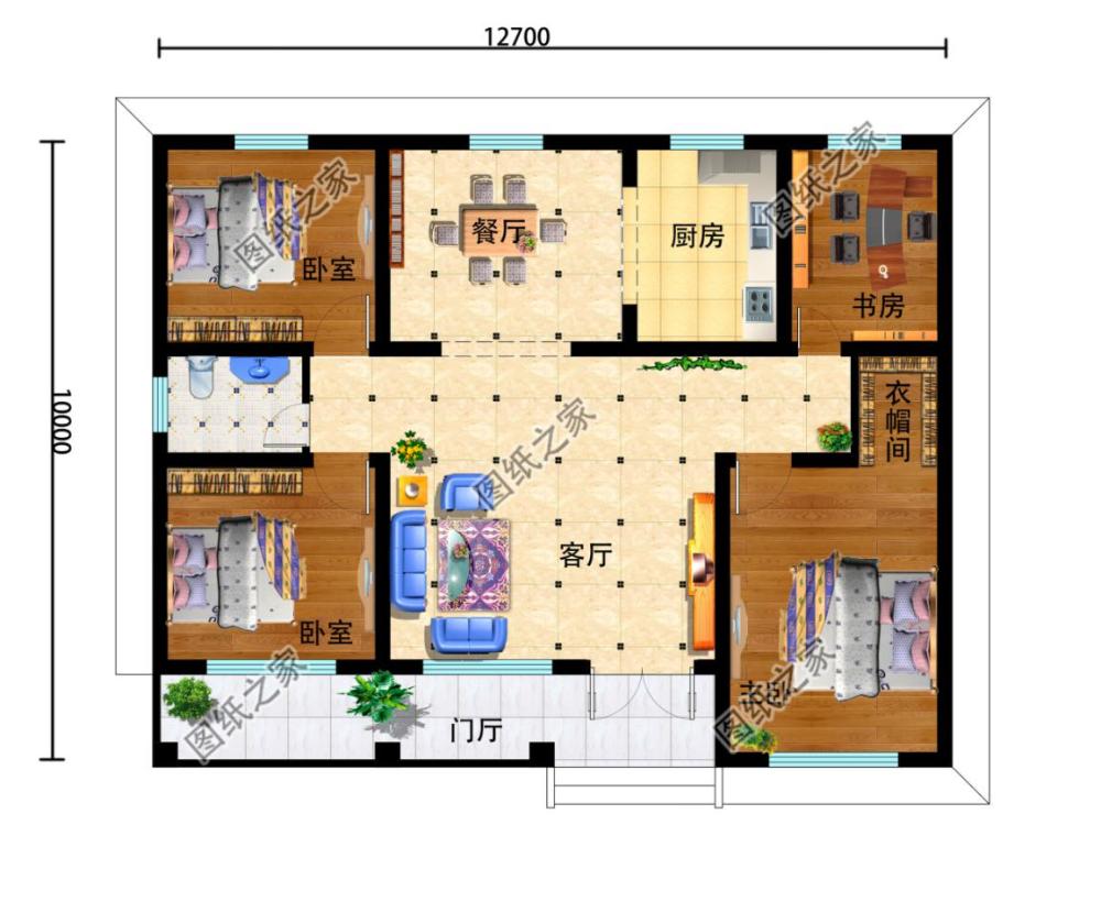 户型三:农村一层别墅设计图,户型实用合理,造价10万左右 这款户型