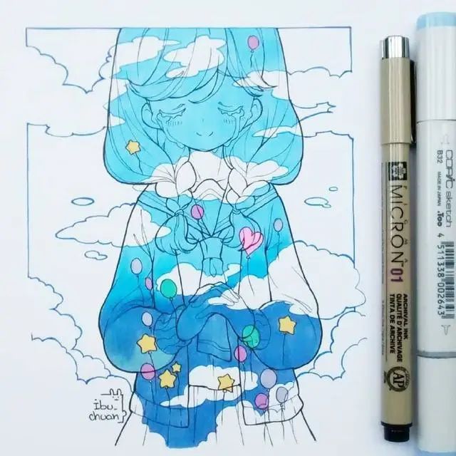 【马克笔插画】q版甜美动漫少女手绘素材