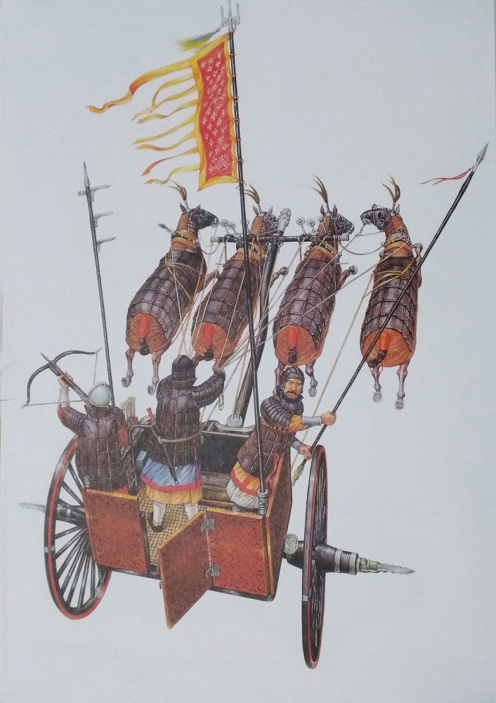 【图6,战国战车复原图(摘自《中国古代车与马具】战车的铠甲保护