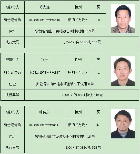 安徽省潜山市人民法院曝光失信被执行人公告(2020年第二批