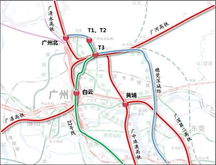 枢纽(下称白云机场t3站)正线引入广中珠澳高铁,广从城际(广河高铁)