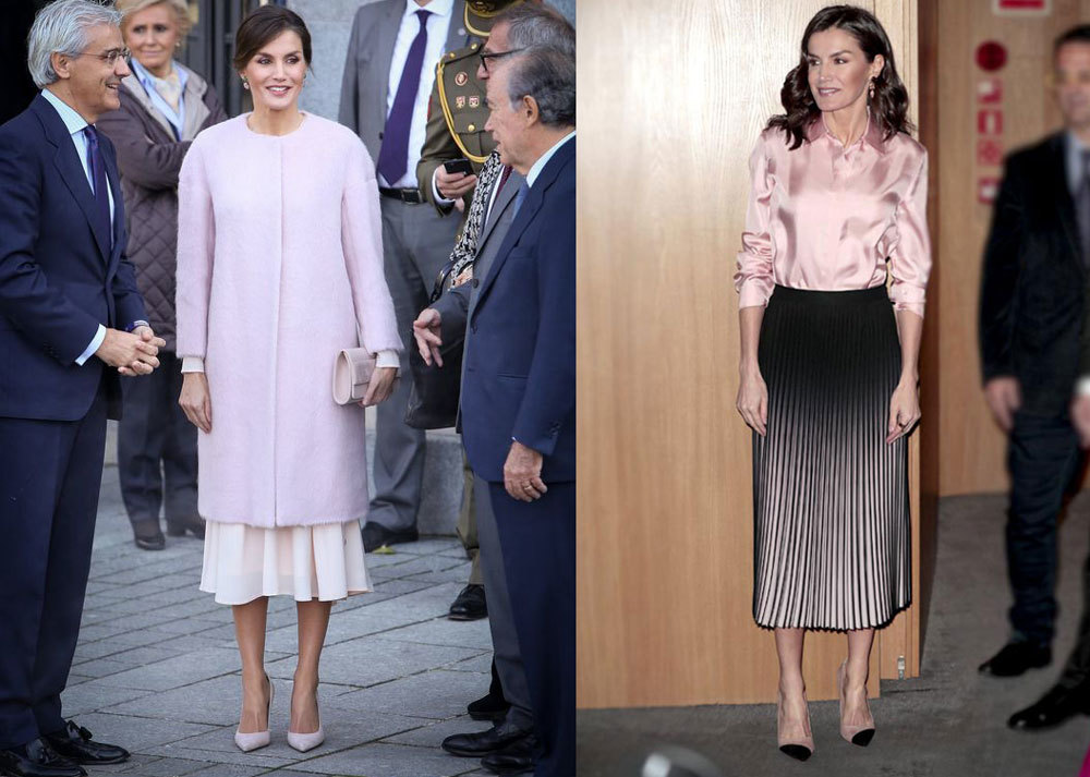 48岁西班牙王后披樱花粉大衣,柔美又霸气,时尚力深受希腊公主婆婆影响