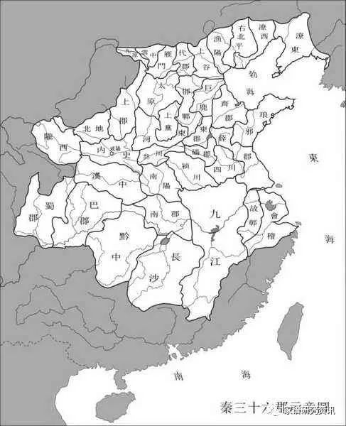 秦朝后期行政规划图(征服岭南地区以后),共42郡,其中以庐江郡疆域面积