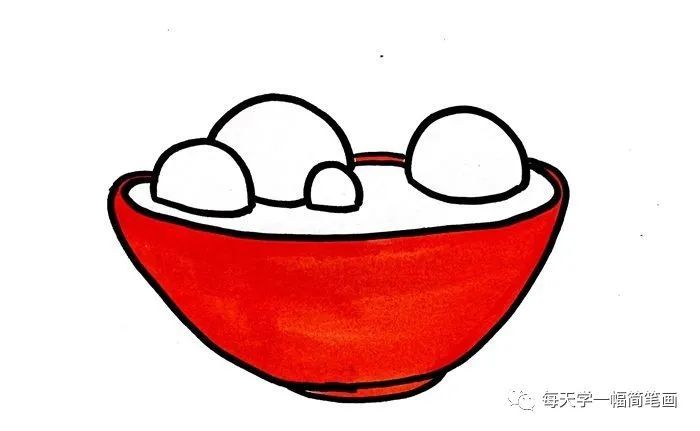 碗口较宽,碗底比较窄一些,在碗口处画上几个汤圆,然后就是涂色啦,先给