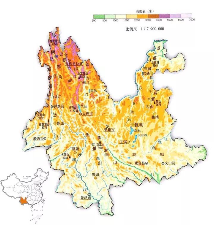 云南平均海拔2000米左右,84%的土地是山地,云南就是以西北角 云岭山脉