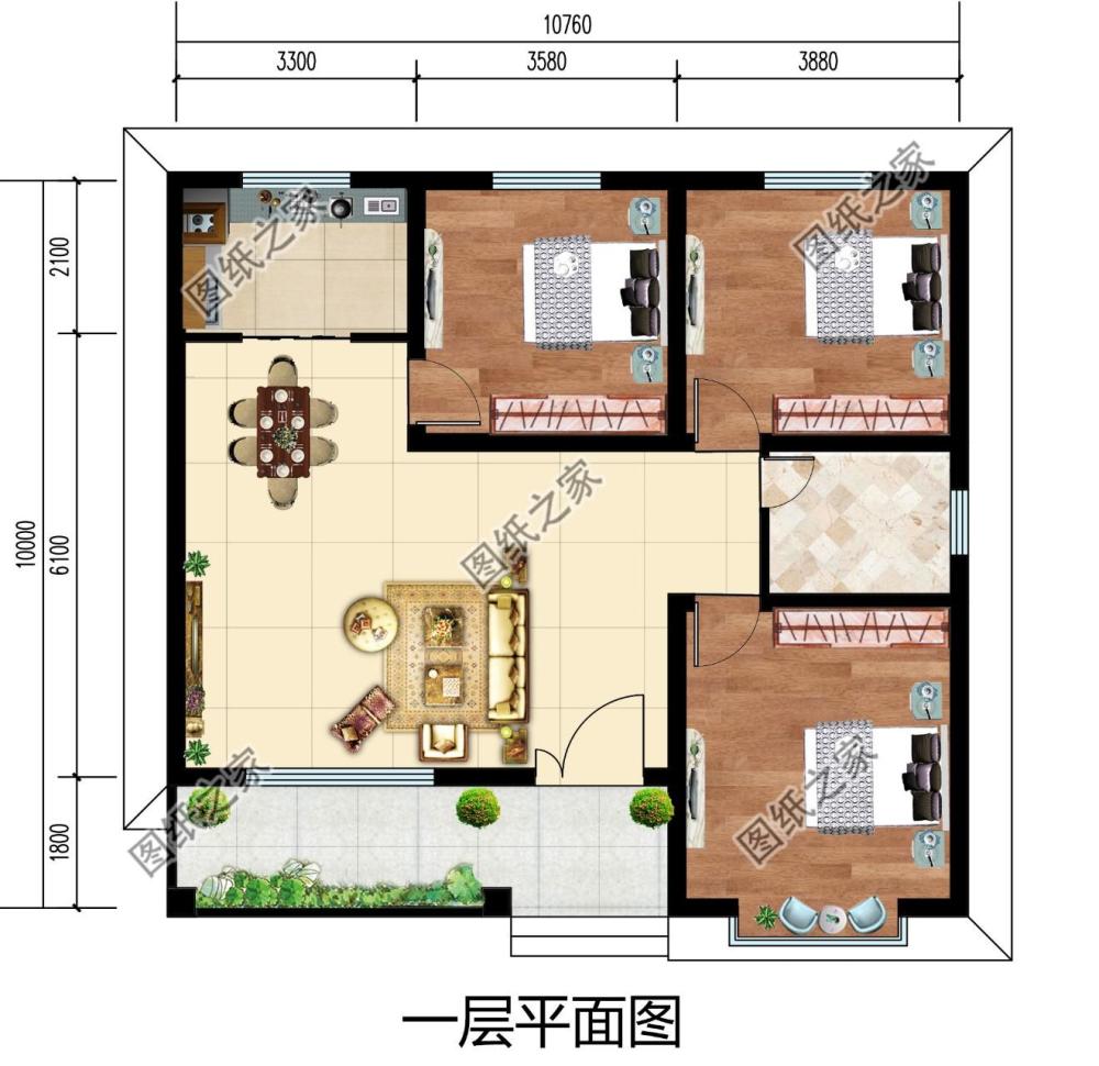 客厅,餐厅,厨房,卧室x3,卫生间; 第三款:农村10万自建一层平房设计图