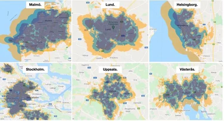 瑞典主要城市5g网络覆盖热力图 原文:https://www.domstol.
