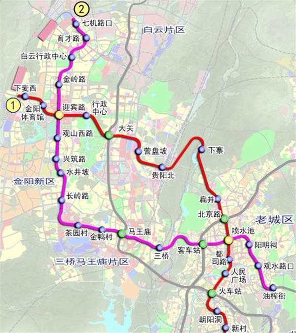 贵阳轨道交通2号线:白云区～观山湖区～云岩区～南明区