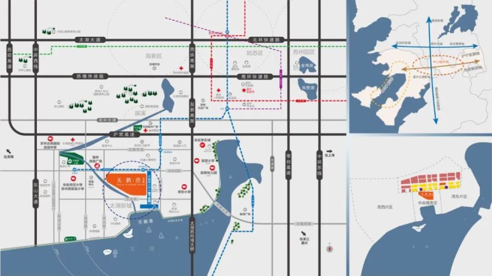 天鹅港华庭位于吴中太湖新城中央商务区,距离地铁4号线支线苏州湾北站