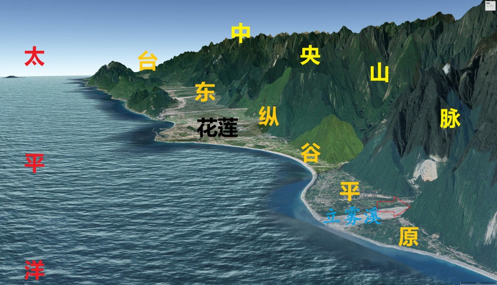 台湾岛东部三大城市地势图:宜兰,花莲和台东,都位于沿海地区