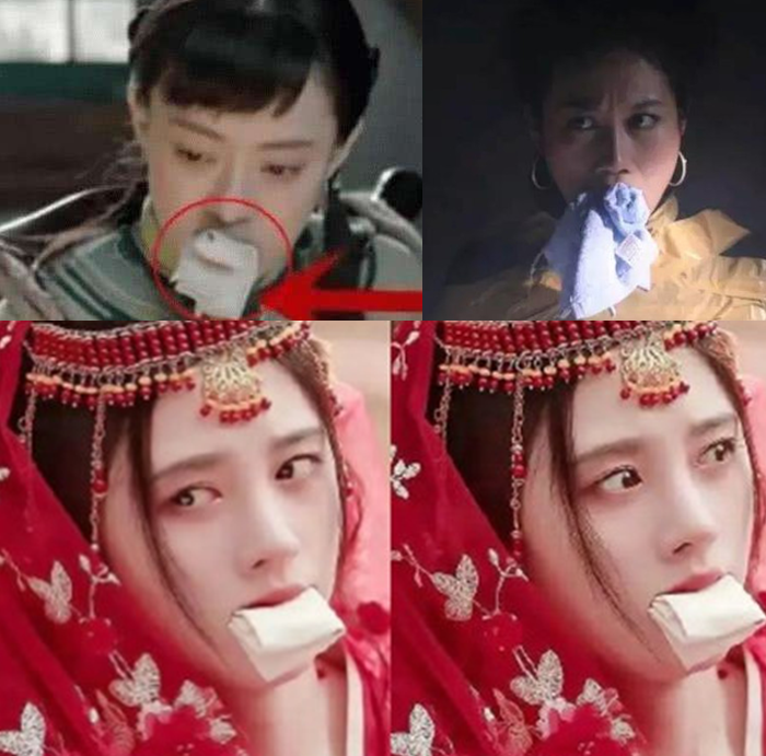 一般的绑架妆容都是脸上脏兮兮的,再不济嘴巴里也是塞上了抹布,棉布