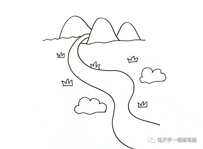 先用两条对称的弧线,画上一条蜿蜒的河流,接着在远处画上几座山脉