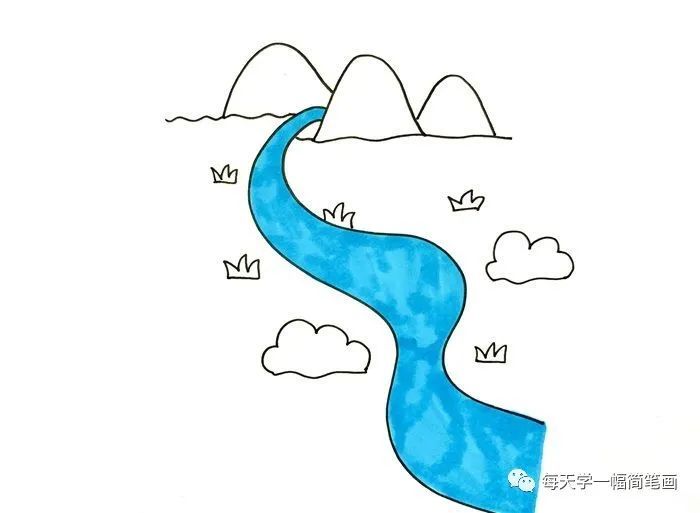 先用两条对称的弧线,画上一条蜿蜒的河流,接着在远处画上几座山脉