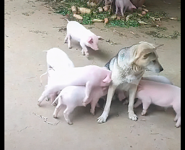 可怜的小狗哪是这群小猪的对手,只能眼巴巴看着亲妈喂小猪了!