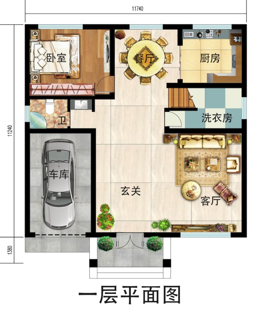 这款农村三间两层别墅图,带车库,户型简单实用.