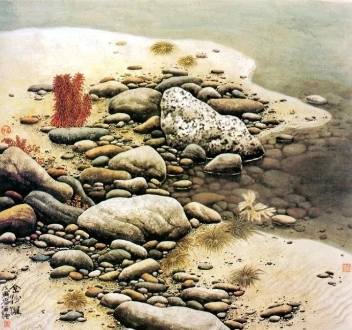 石头和水如此逼真,李留海的工笔画就是与众不同