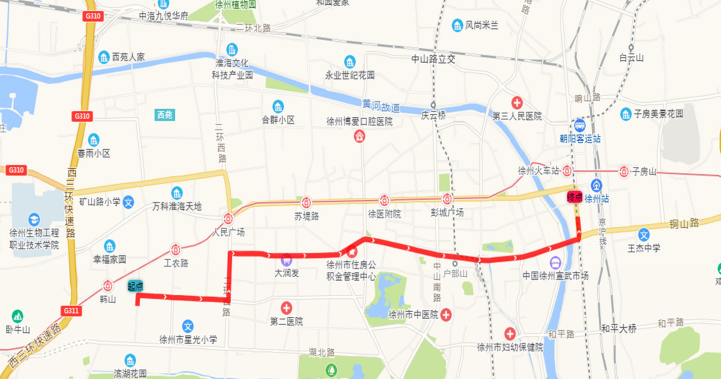 由韩山村南发车,途经湖北路,二环西路,建国路,到达徐州站,实现沿途