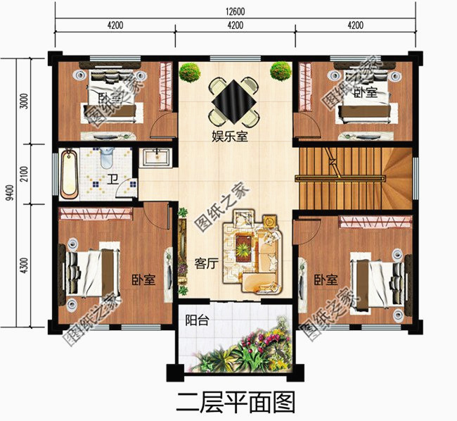 卧室x4,卫生间,阳台; 图纸介绍:10米×13米最好看的农村三层楼房设计