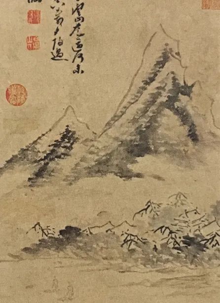 本幅 陈淳《雪山访友(局部)山石勾勒,皴法比较:陈淳山水画常见有