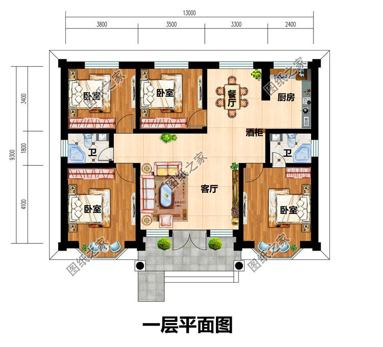 客厅,厨房,餐厅,卧室x3,卧室(带卫生间); 户型二:农村占地110平米现代