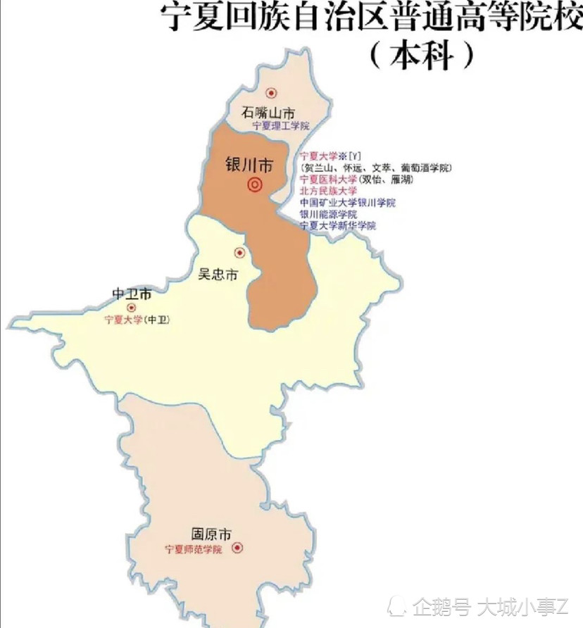 宁夏回族自治区本科高校分布图,只有一所211高校