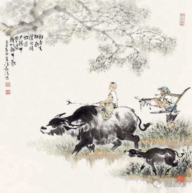 牧乐图 暖暖村烟暮,牧童出深坞. 骑牛不顾人,吹笛寻山去.