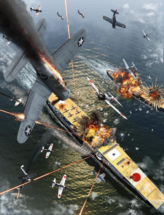 中途岛海战彩绘图,此战美军以相对较小的代价,将日军联合舰队当时最