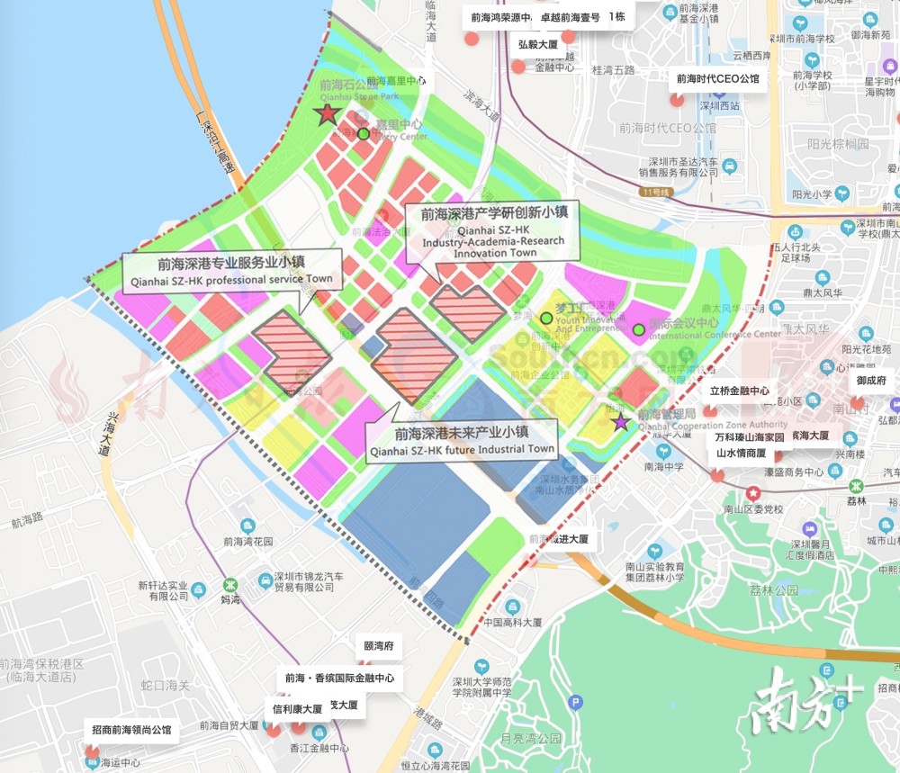 三个小镇项目在前海城市新中心规划中的位置示意图.