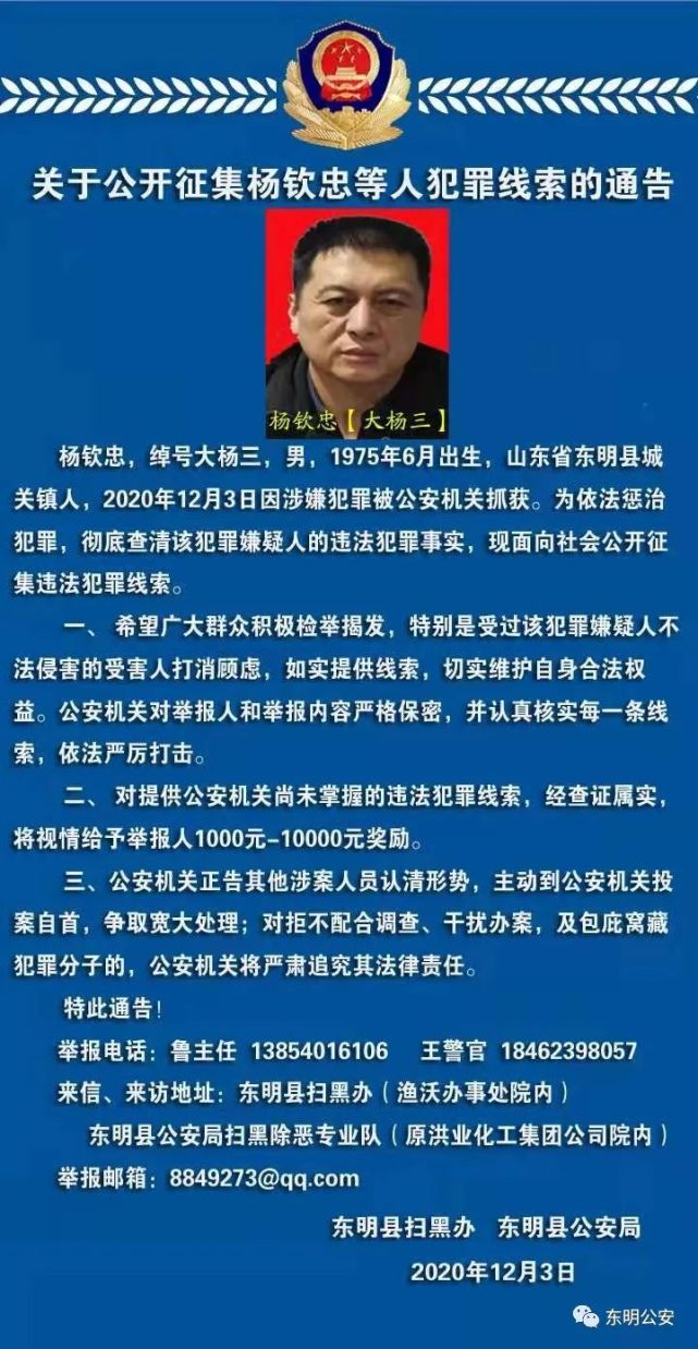 关于公开征集杨钦忠等人犯罪线索的通告