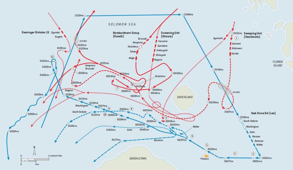 1942年11月14日至15日夜间瓜岛海战第二次交战形势图,可见双方舰队