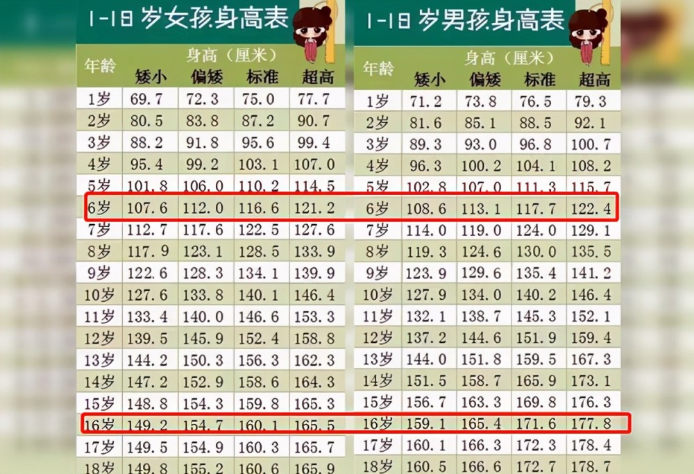 新版"儿童身高标准"出炉,6岁前男女差距不大,16岁差距