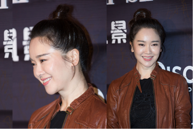 左小青长相一点不显老扎丸子头露全脸配件夹克衫像学生妹