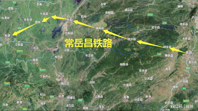 经湖南省岳阳市,湖北省通城县,江西省修水县,引入南昌铁路枢纽