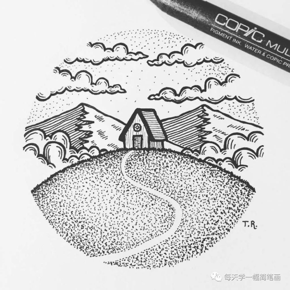每天学一幅简笔画漂亮的针管笔点绘风景676767