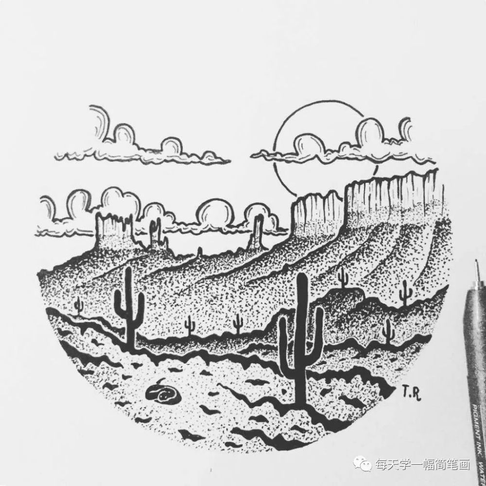 每天学一幅简笔画漂亮的针管笔点绘风景676767