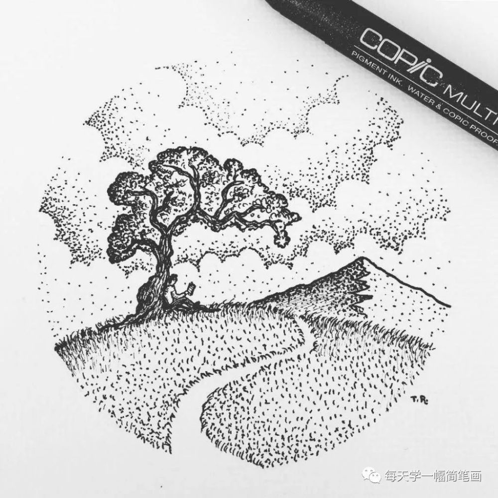 每天学一幅简笔画-漂亮的针管笔点绘风景