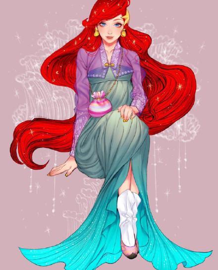 画师为迪士尼公主设计"韩服",艾莎女王高贵优雅,贝儿