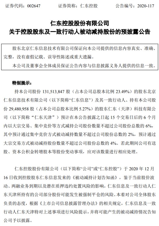 仁东控股:控股股东及其一致行动人拟被动减持不超6%股份