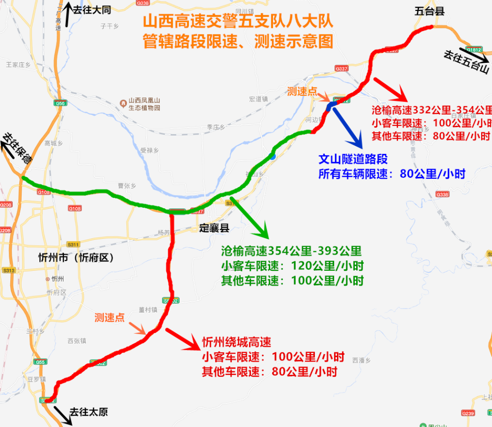 2,g1812沧榆高速(去往五台山方向)348公里文山隧道路段:所有车辆限速